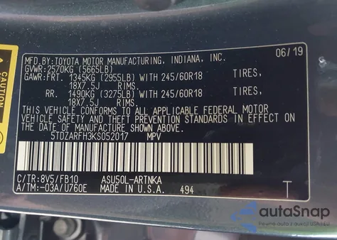 2019 Toyota Highlander Le from USA, damaged, VIN 5TDZARFH3KS052017